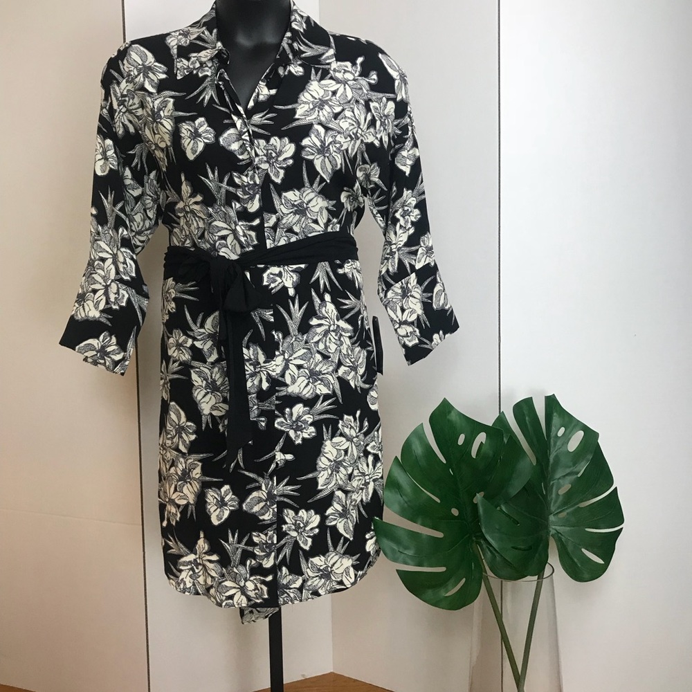 Zara White & Black Floral Print Shirt Dress